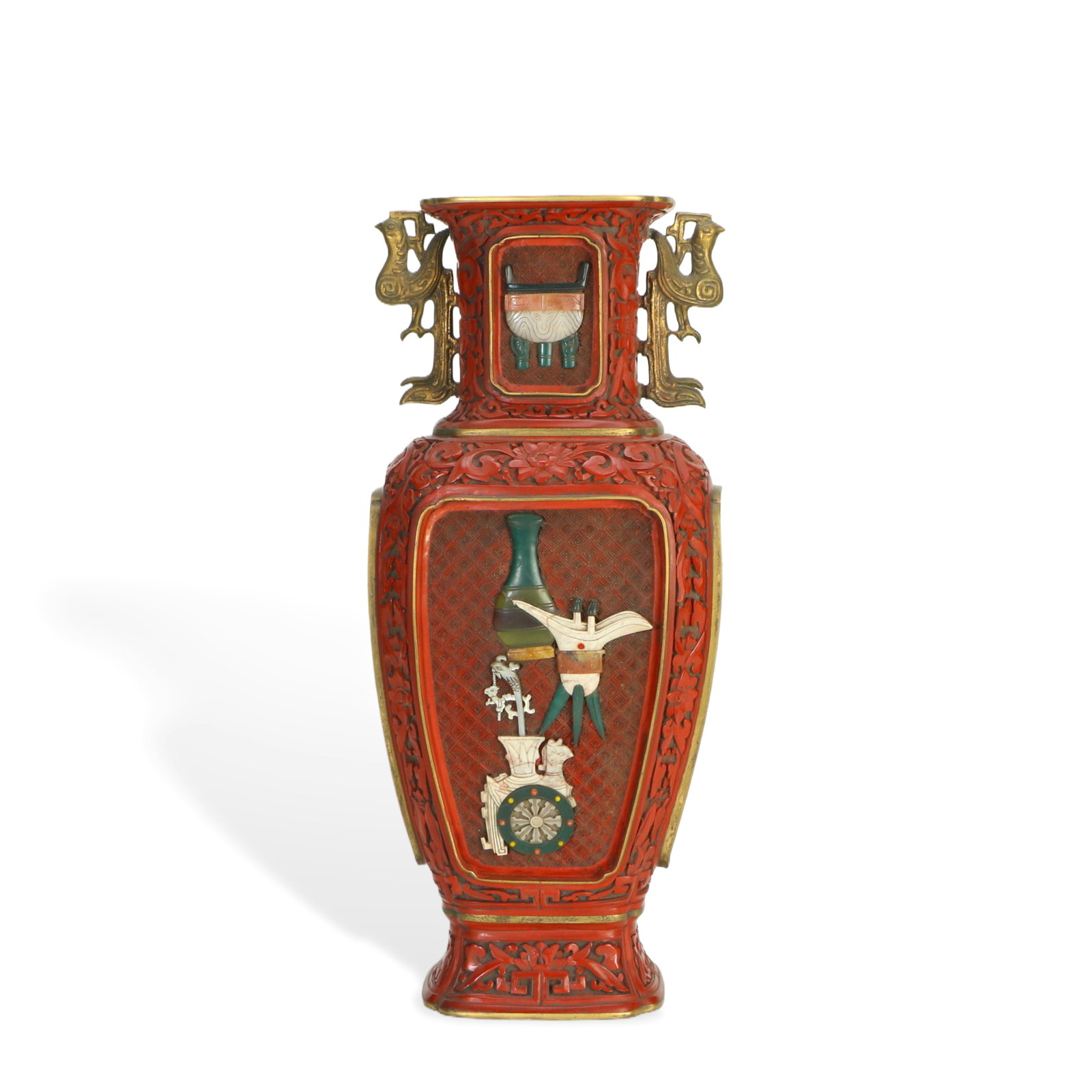 A FINE HARDSTONES INLAID CARVED CINNABAR LACQUER VASE (1 of 6)