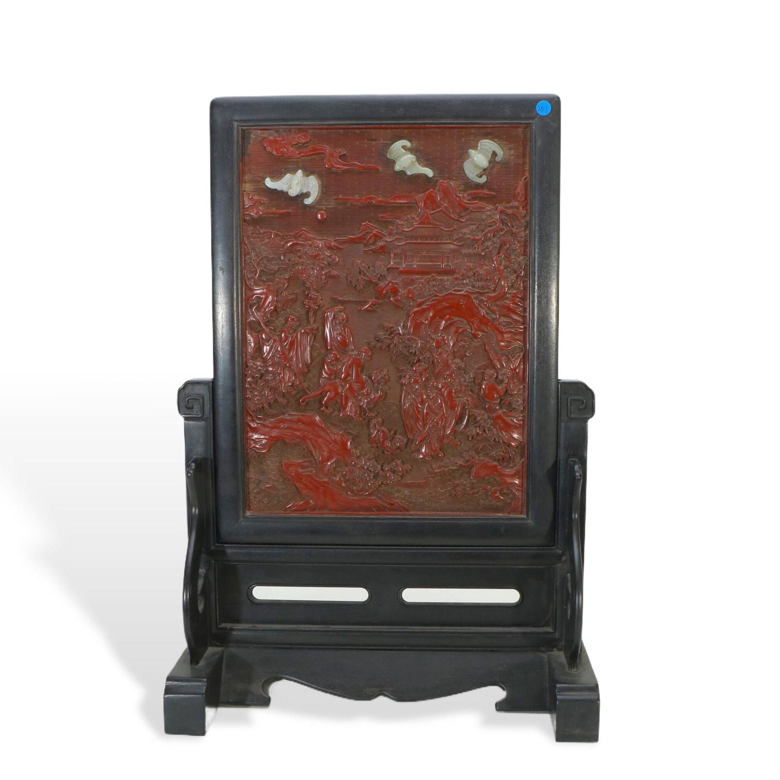 A JADE PLAQUES INLAID CARVED CINNABAR LACQUER TABLE SCREEN (1 of 9)