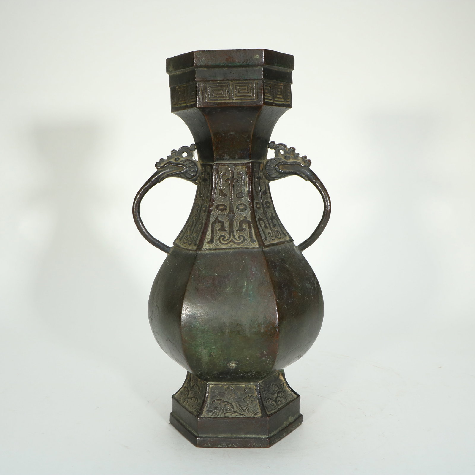 A BRONZE HEXAGONAL VASE - 4