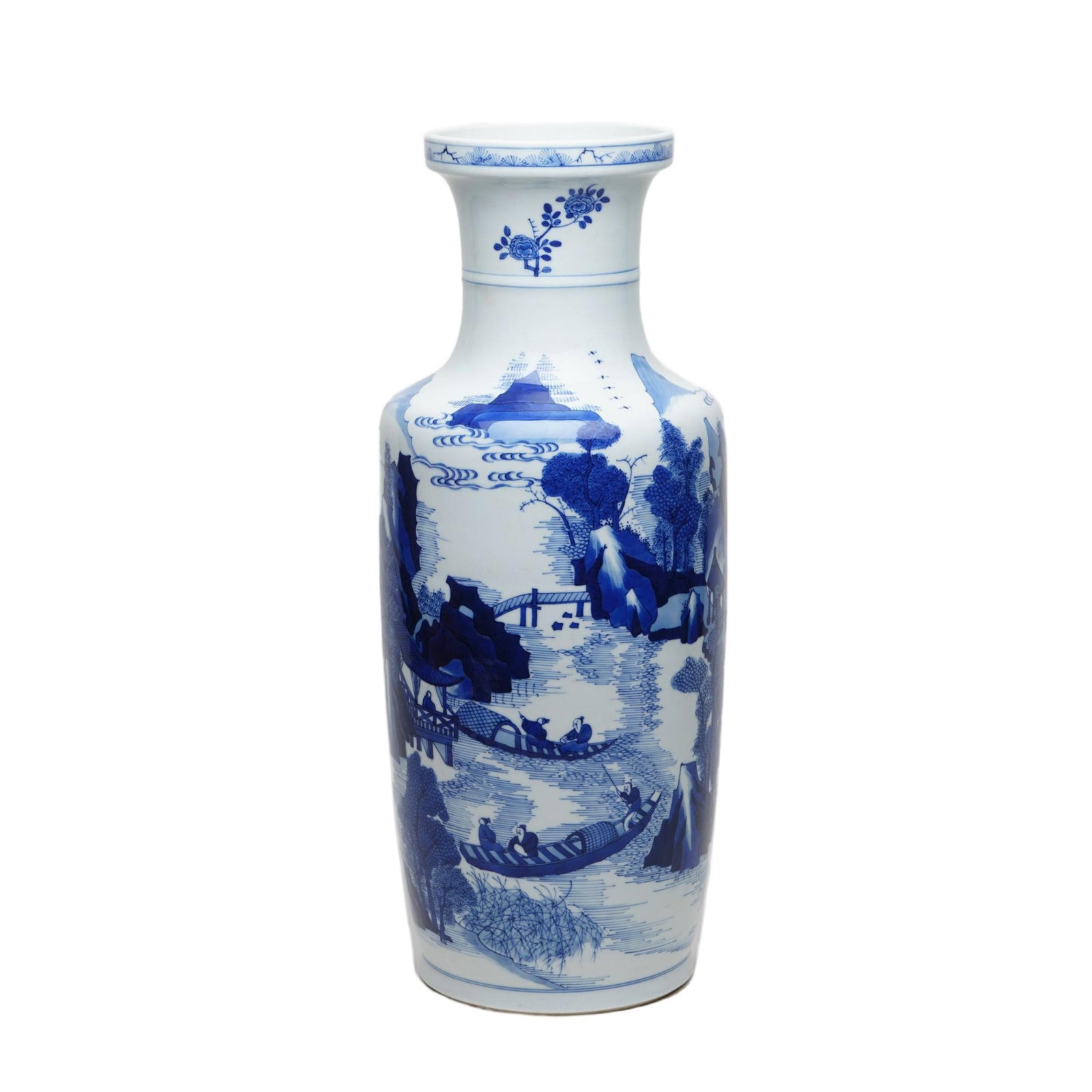 A BLUE AND WHITE ROULEAU VASE: A BLUE AND WHITE ROULEAU VASE Finely painted figures boating among landscape in cobalt blue. DIMENSION: HEIGHT: 49cm WIDE: 20cm A LIST OF RECOMMENDED THIRD-PARTY SHIPPER IS AVAILABLE UNDER SHIPPING