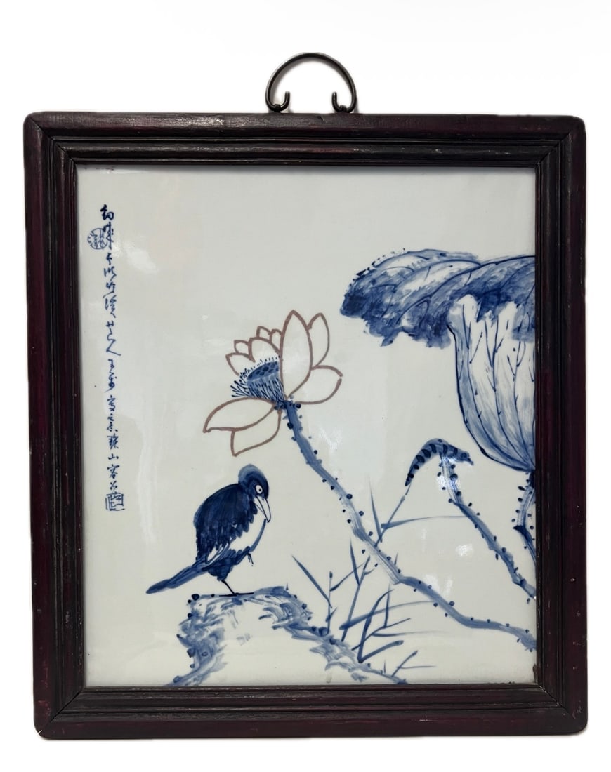 CHINESE BLUE & WHITE PORCELAIN PLAQUE: CHINESE BLUE & WHITE PORCELAIN PLAQUE FEATURING A BIRD AND LOTUS MOTIF DIMENSION:18 1/2" X 20 3/4". A LIST OF RECOMMENDED THIRD-PARTY SHIPPER IS AVAILABLE UNDER SHIPPING INFORMATION. PLEASE FEEL FREE 