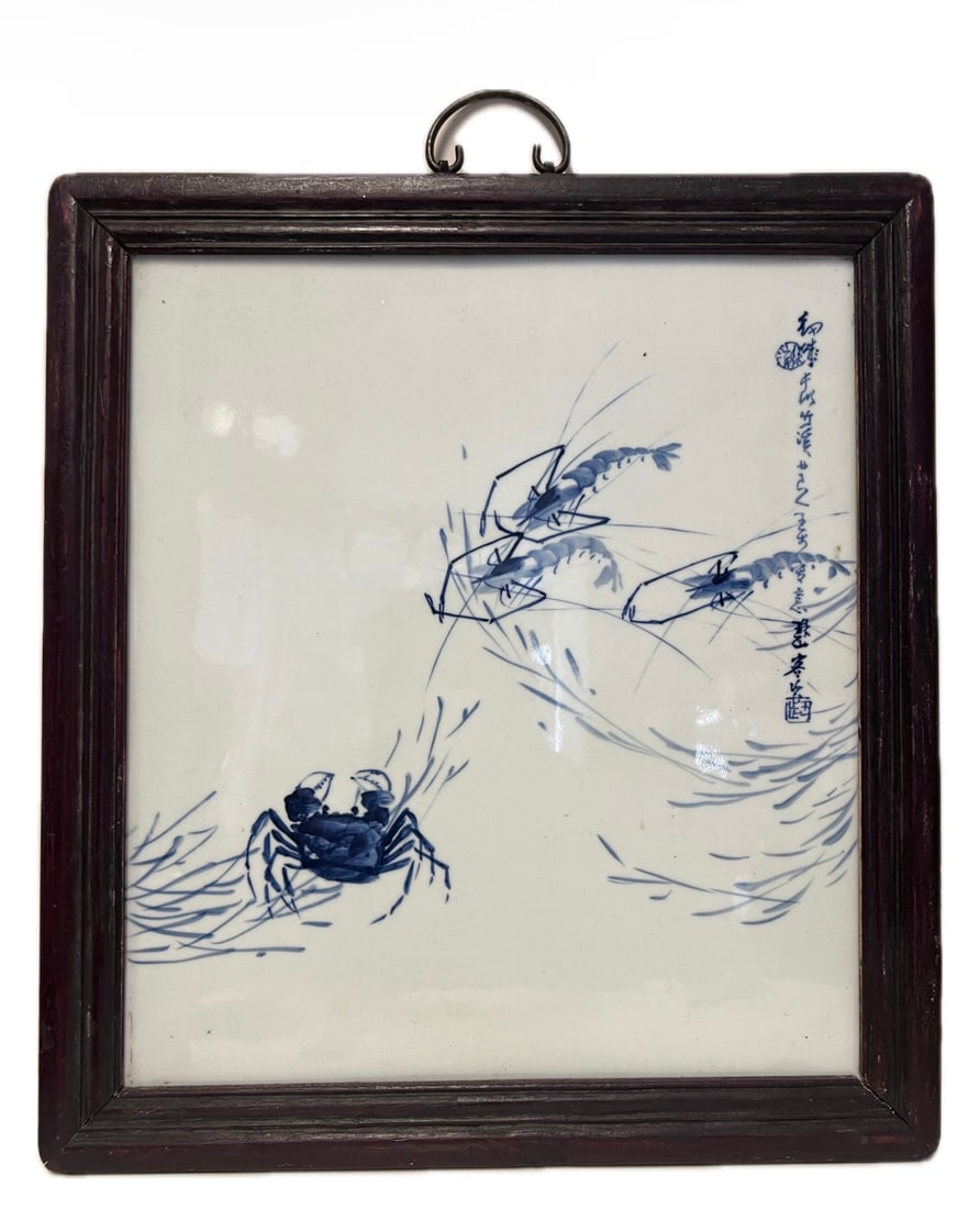 CHINESE BLUE & WHITE PORCELAIN PLAQUE: CHINESE BLUE & WHITE PORCELAIN PLAQUE FEATURING A SHRIMP AND CRABS. DIMENSION:18 1/2" X 20 1/2". A LIST OF RECOMMENDED THIRD-PARTY SHIPPER IS AVAILABLE UNDER SHIPPING INFORMATION. PLEASE FEEL FREE TO 