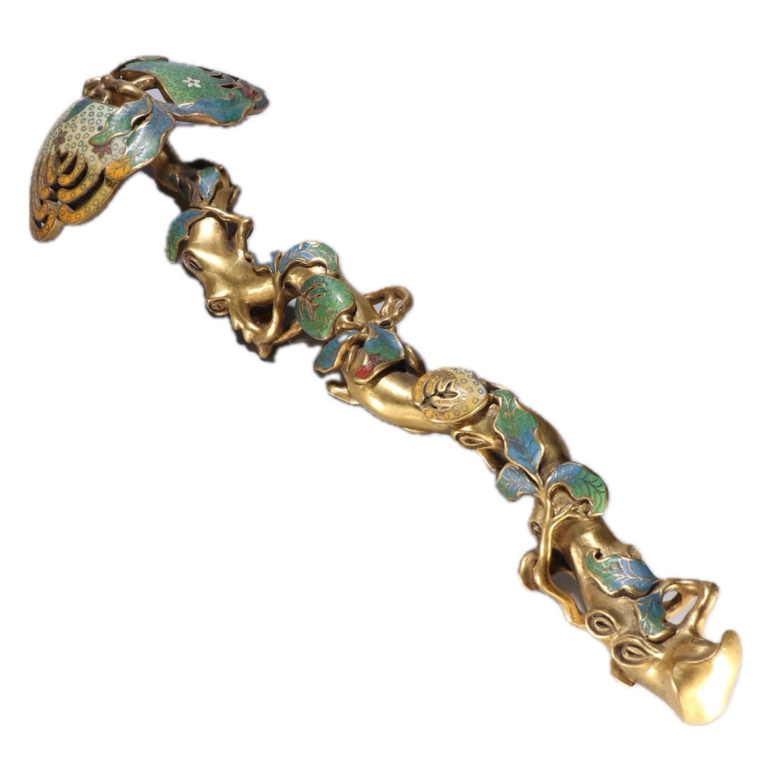 A CHINESE ENAMEL CLOISONNE BRONZE RUYI: A CHINESE ENAMEL CLOISONNE BRONZE RUYI DIMENSION: 47.5 X 16.5 cm. A LIST OF RECOMMENDED THIRD-PARTY SHIPPER IS AVAILABLE UNDER SHIPPING INFORMATION. PLEASE FEEL FREE TO CONTACT THEM FOR A QUOTE.