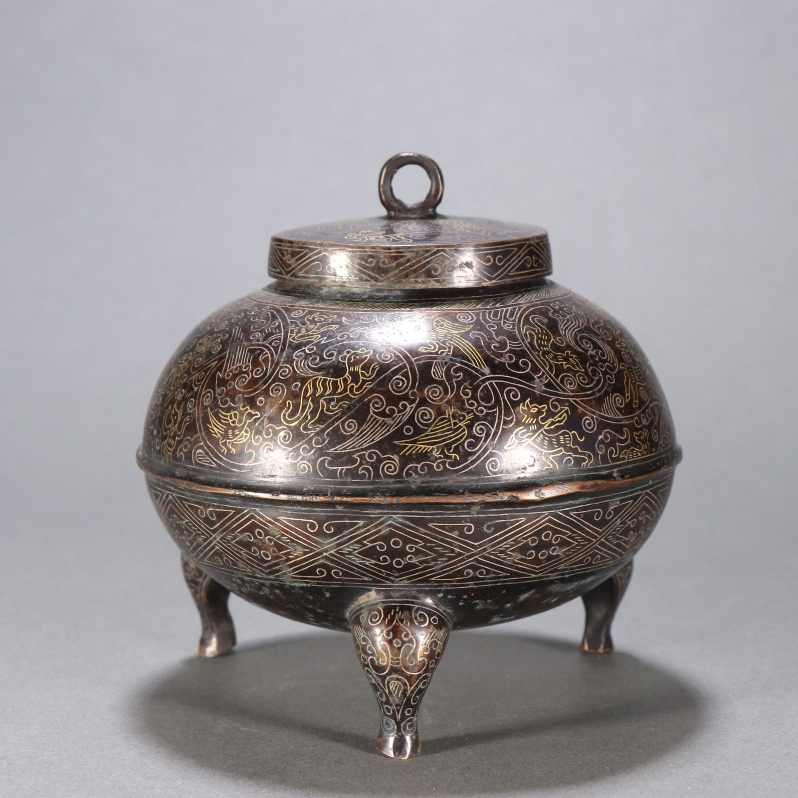 CHINESE BRONZEINCENSE BURNER INLAID GOLD AND SILVER (1 of 9)