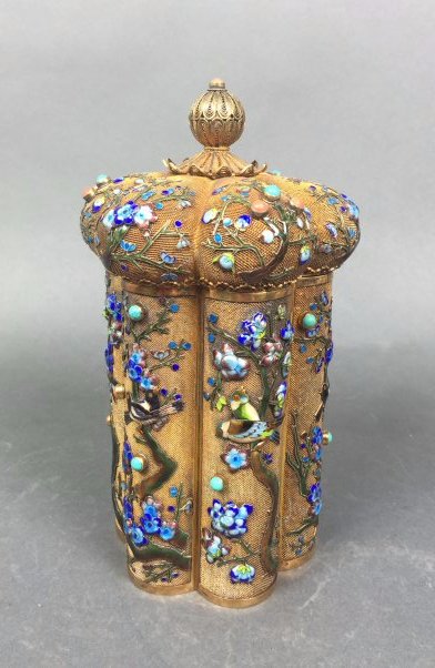 Chinese Silver Six-Lobe Enamel Tea Caddy, Marked (1 of 6)