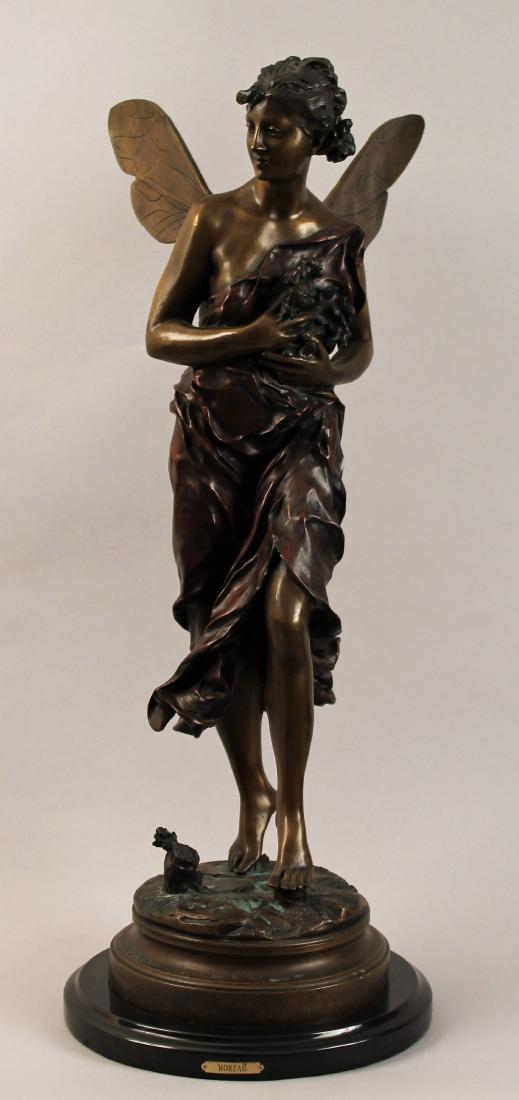 Auguste Moreau Winged Woman Bronze Sculpture: Auguste Moreau winged woman bronze sculpture on marble base. 32" overall.