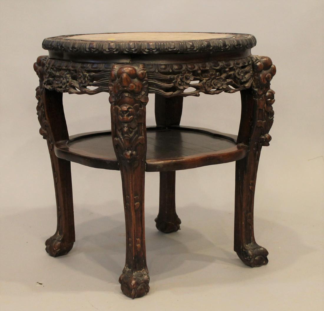 Chinese Carved Hard Wood Table with Marble Insert (1 of 7)