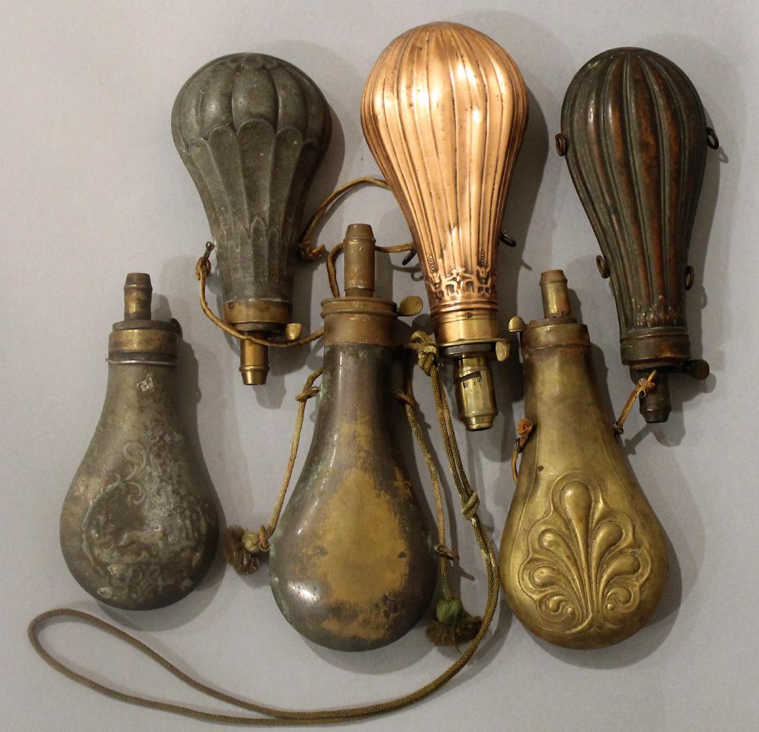 Lot of Six Metal Powder Flasks (1 of 2)