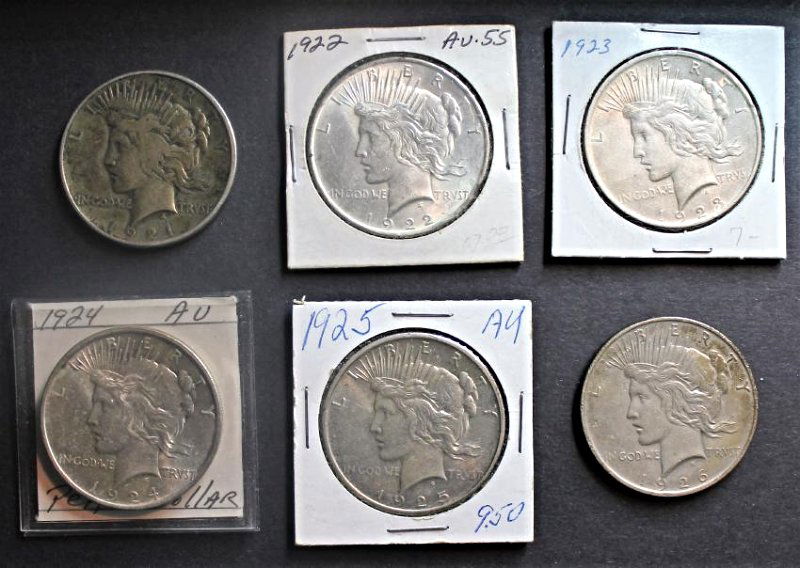 6 Peace Dollars 1921-1926 (1 of 2)