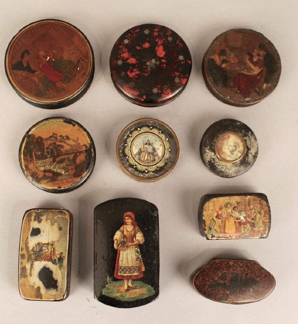 10 Decorated 19th Century Pill Boxes: 10 Decorated 19th Century Pill Boxes including 6 round boxes. Some with portrait, some with painted scenes.