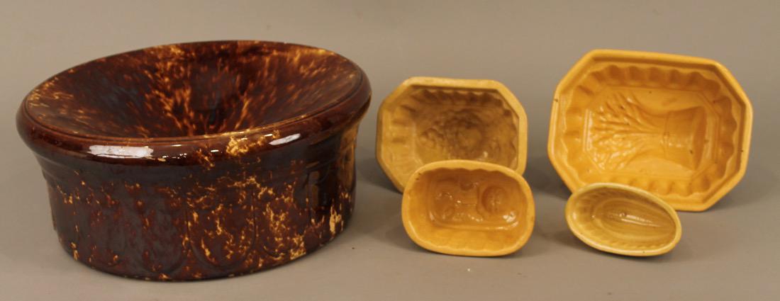 Oversized Rockingham Spittoon w/ Yellowware Molds: Unusual Rockingham spittoon with impressed dental design. Four yellowware molds with different impressed designs. 14 1/2" diameter