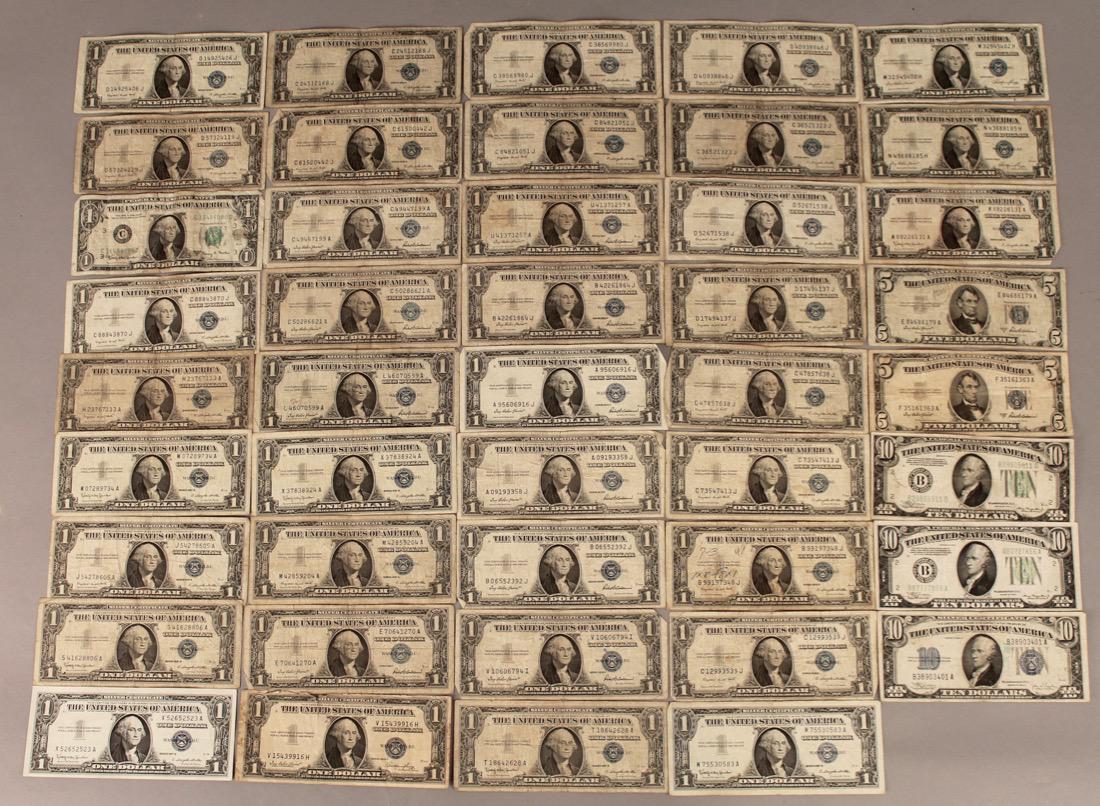 Silver Certificates: Silver Certificates. 38 1's, 2 5's, 3 10's and 1 Federal Reserve Note. Shipping available within the continental United States (excludes insurance) for $25. International buyers are responsible for ar