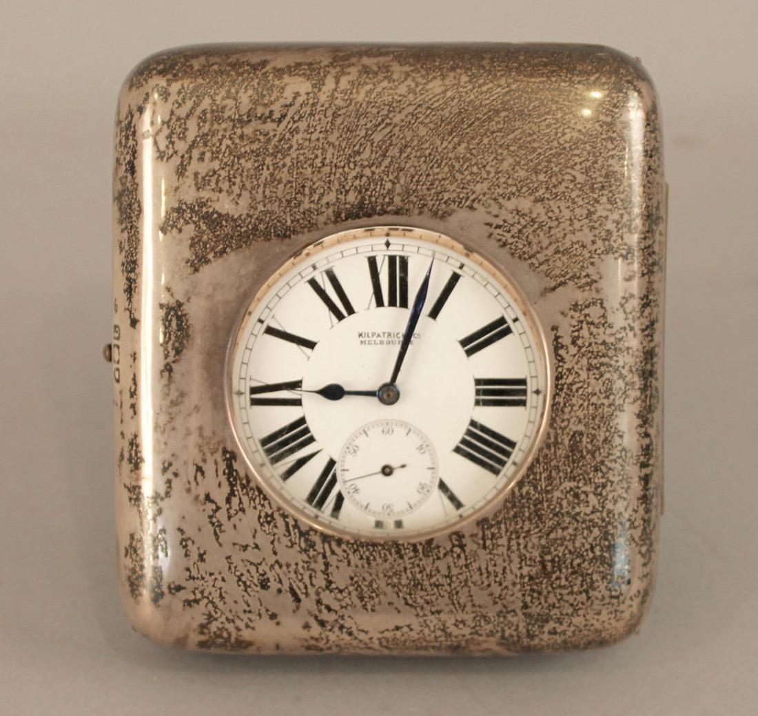Pocket Watch in Sterling Silver Travel Case: Pocket Watch in Sterling Silver Travel Case. Kilpatrick & Co Melborne watch in Sterling Silver Hallmarked case. Case measures 4 1/2" x 4". Shipping available within the continental United States (excl