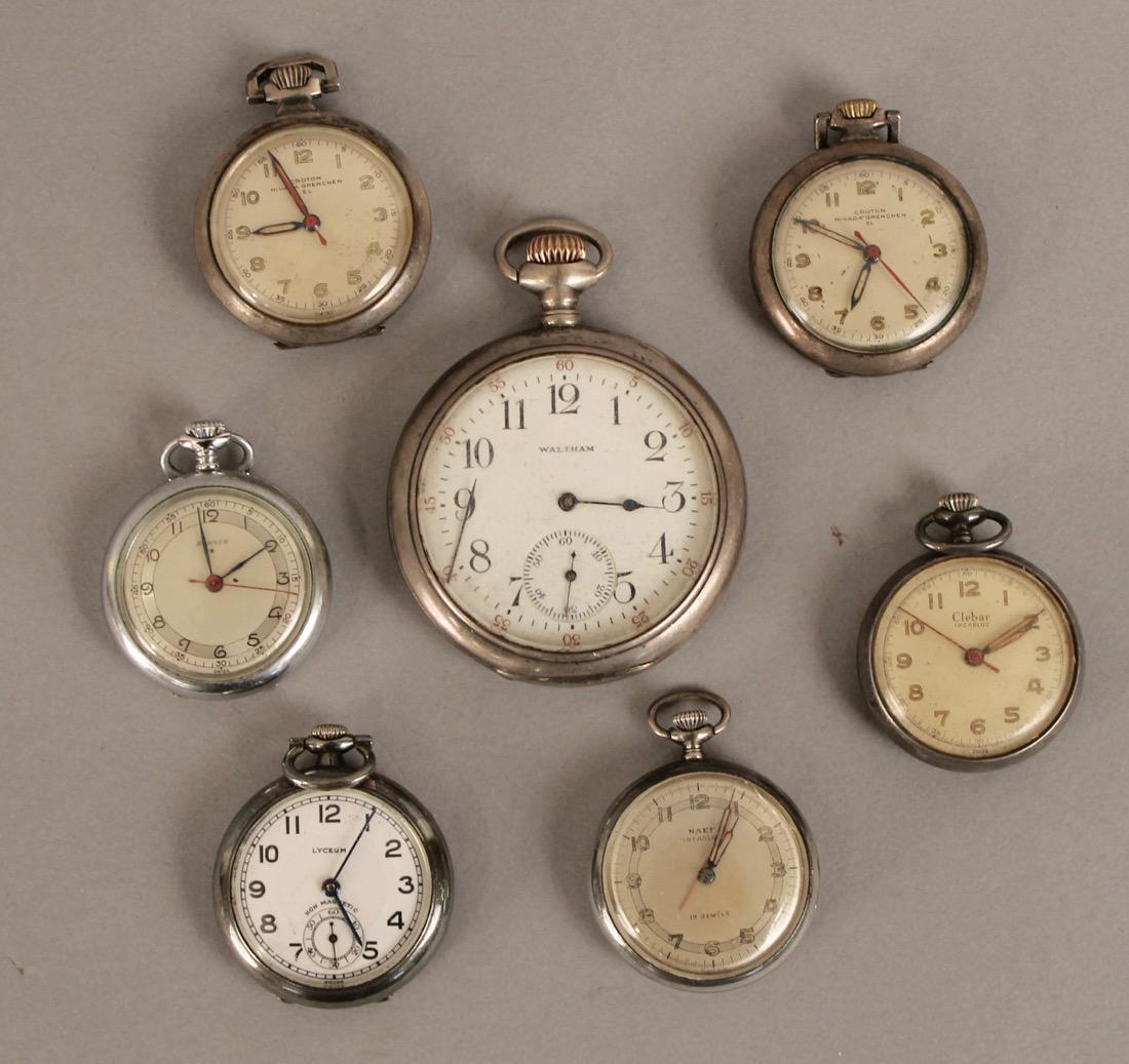7 Silver Pocket/Pendant Watches, 6 Sterling: One large and five small sterling pocket watches and one stainless steel. Makers include Waltham, Banner, Croton, Clebar, NAEF and Lyceum. Shipping available within the continental United States (excl