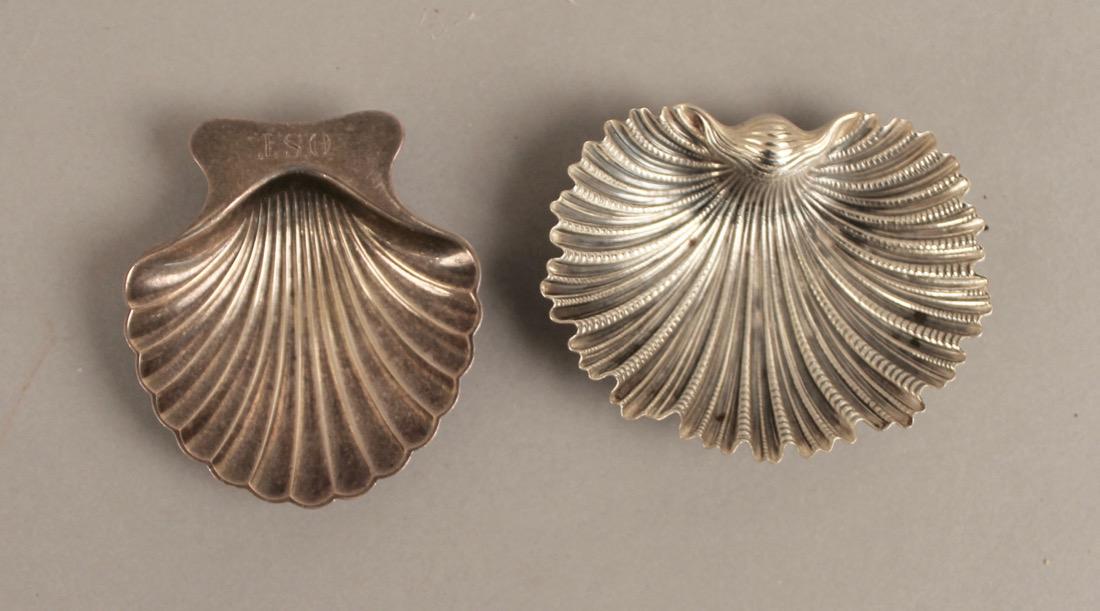 2 Sterling Silver Salts Tiffany & Buccellati: Two Small Sterling Silver Shell Salts. One monogrammed OST and marked on back Tiffany & Co Makers Sterling and the date 6-18-77. The other is marked Buccellati
