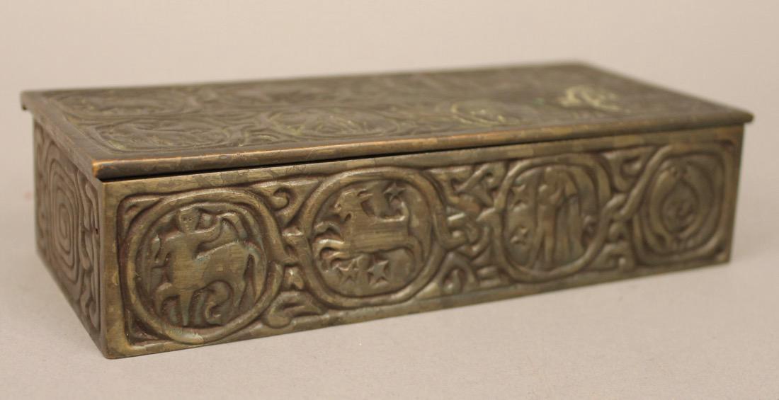 Tiffany Studios New York Bronze Zodiac Box: Tiffany Studios New York Bronze Zodiac Box. Marked on bottom Tiffany Studios New York 811. 1 1/2"H x 6 3/4"W x 3"D