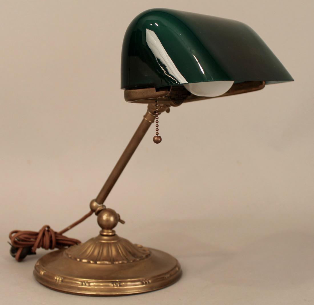 Emeralite Bankers Lamp Round Base: Emeralite adjustable Bankers Lamp Round Base with original green shade and label.