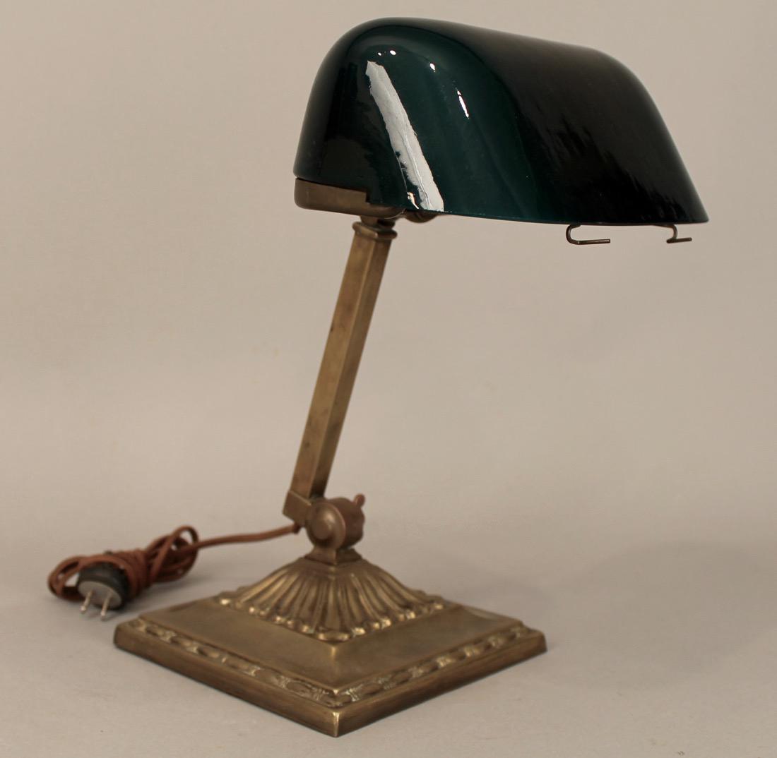 Emeralite Bankers Lamp Square Base: Emeralite adjustable Bankers Lamp Square Base with original green shade and label.