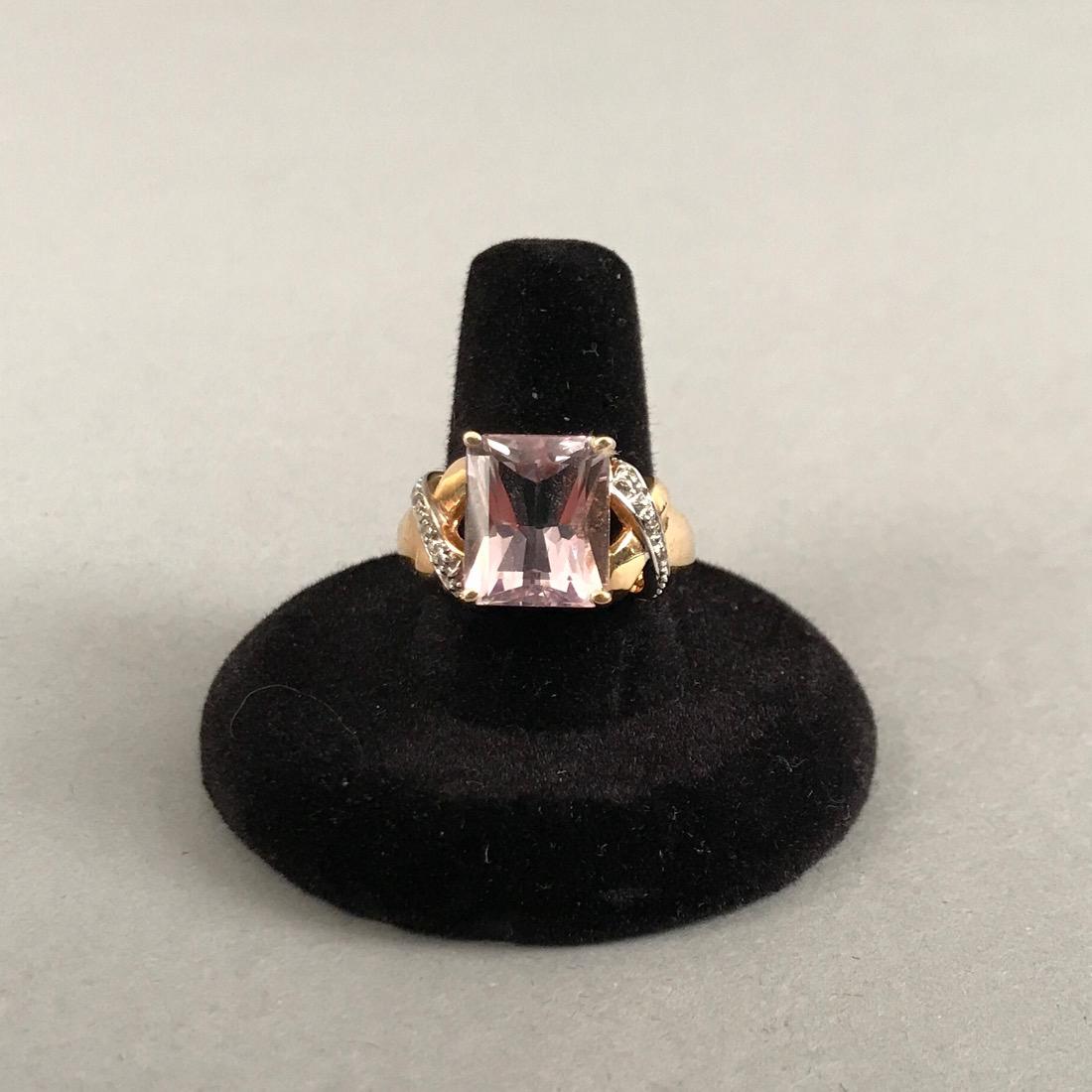 JCR 14K Gold Emerald Cut Morganite & Diamond Ring: John C Rinker 14K Gold Ring with Emerald Cut Morganite with Diamond Accents. Marked 14K JCR in two places. Size 8.75. Gross weight 6.6g. Shipping available within the continental United States (exclud