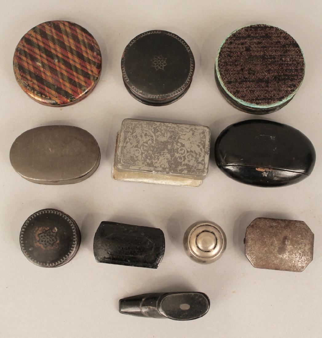 11 Assorted 19th Century Pill Boxes: 11 Assorted 19th Century Pill Boxes including multiple round boxes, a shoe form box and four metal boxes. Largest 3 1/4" diameter