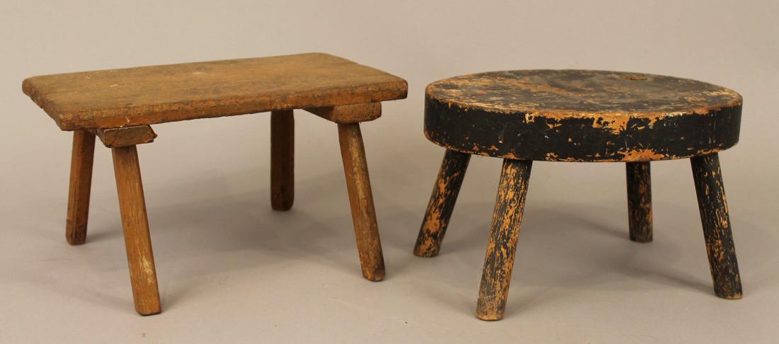 Two 19th C Footstools in Original Finish: One cricket stool in original orange paint. One hitchcock style oval footstool in original paint.