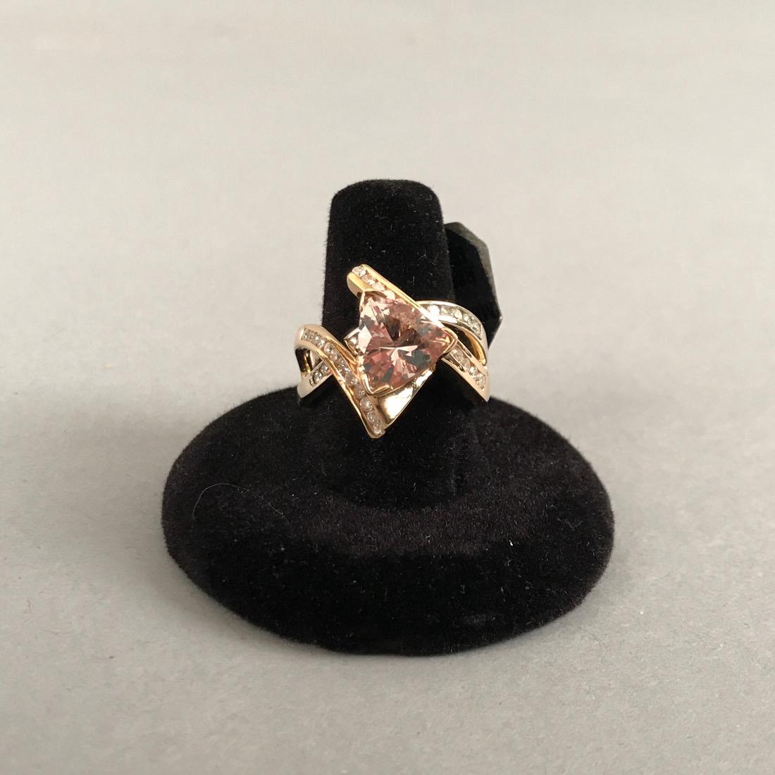 John C Rinker 14K Gold Morganite & Diamond Ring: John C Rinker 14K Gold Ring with a triangla cut Morganite with Pave Diamonds criss crossing around and underneath it. Marked 14K JCR. Size 9. Gross weight (including tags) 9.5g. Shipping available wit