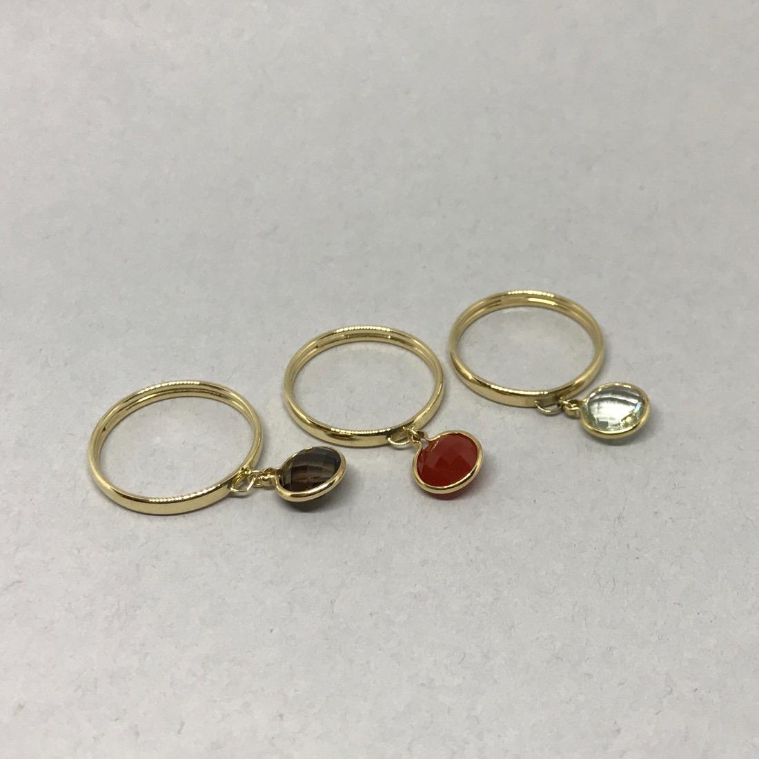 Set of 3 14K Gold Rings with Gemstone Charms: Set of 3 14 Kt Gold Rings with Gemstone Charms. Carnelian, Smoky Topaz & Prasiolite. Size 9. 4g
