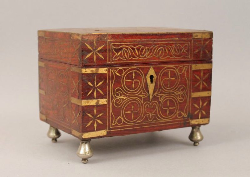 19th c French Footed Perfume Box with Brass Inlay: 19th Century French Footed Box with Brass Inlay. Contains 6 inset perfume bottles and a mirror. 6 1/4" x 4 1/2" x 5 1/4".