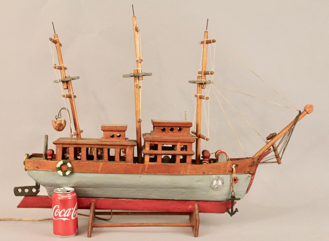 Three Masted Handmade Ship Model: Three Masted Handmade Ship Model in Original Painted and Stained Finish. Electrified. 32" L x 23" T