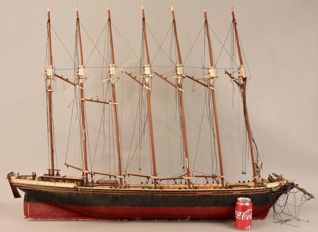 Vintage Seven Masted Schooner: Vintage Seven Masted Schooner in as found condition with double paint job and later paint spatter. 48" L x 37" T
