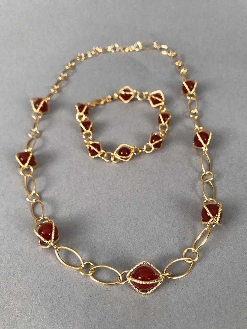 14Kt Gold Bracelet & Necklace w Carnelian: 14Kt Gold Bracelet & Necklace w Caged Carnelian
