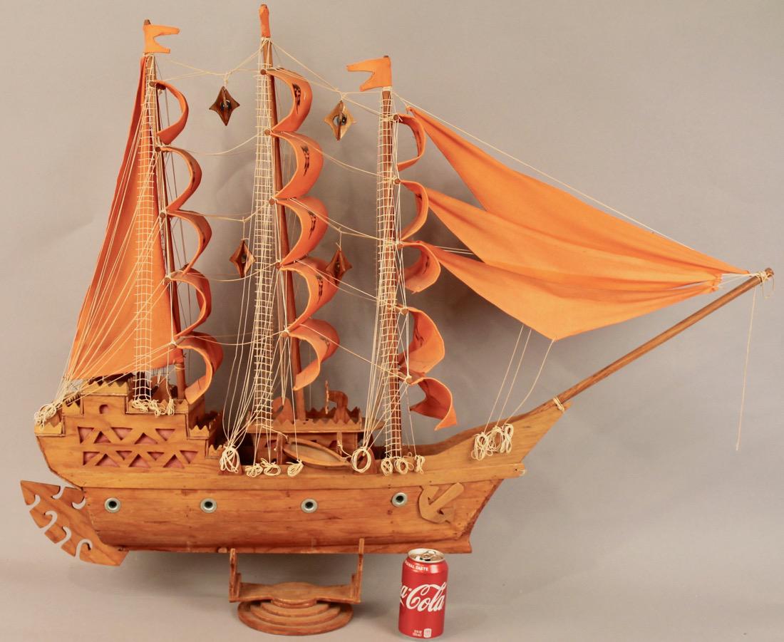 Old Style 3 Masted Schooner: Old Style 3 Masted Schooner with original sails on stand. 42" L x 35" T