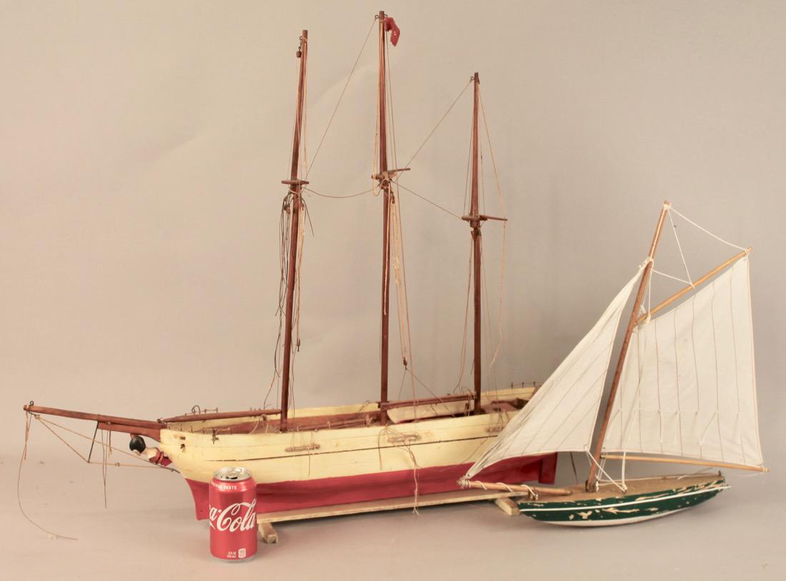 Two Vintage Boat Models, 2 Masted Schooner and Sailboat: Two Vintage Boat Models, 2 Masted Schooner and Sailboat. Both in original paint. 34" L x 30" T. 15" L