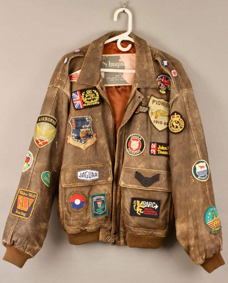 Vintage Imagination NY Leather Jacket: Vintage Imagination NY Leather Jacket with various collictable patches including Jaguar, Aston Martin, Strategic Air Command, Pioneer, USS Ranger and more. 3 All access badges for the Who & Roger Dalt