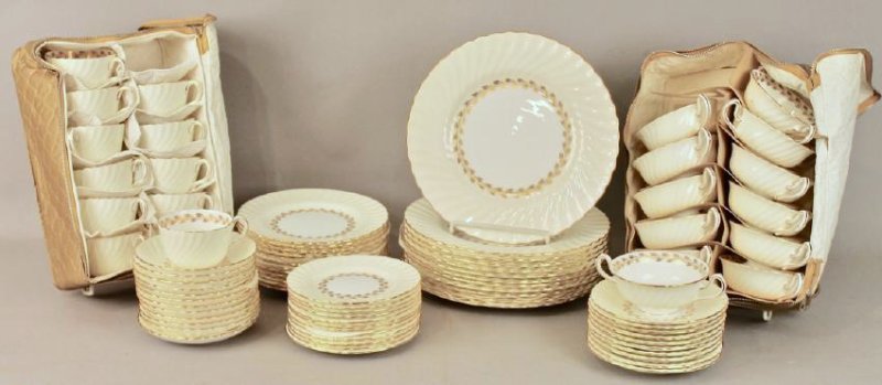 80 Pc Minton Gold Cheviot Bone China: 80 Pc Minton Gold Cheviot Bone China. Service for 12 with 3 small plates missing.