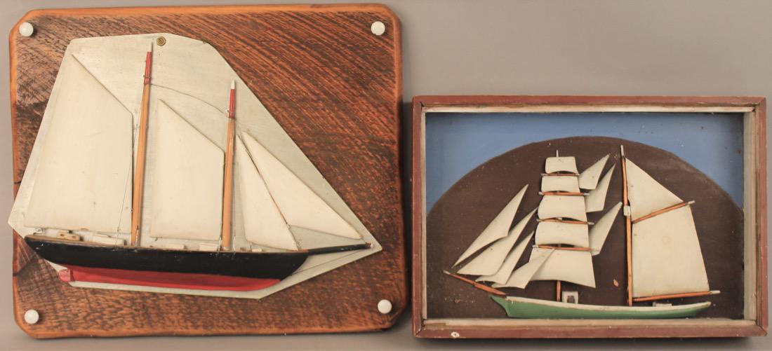 2 Sailboat Model Dioramas: 2 Sailboat Model Dioramas. 1 framed, 1 on flat board. Large 16" x 19"