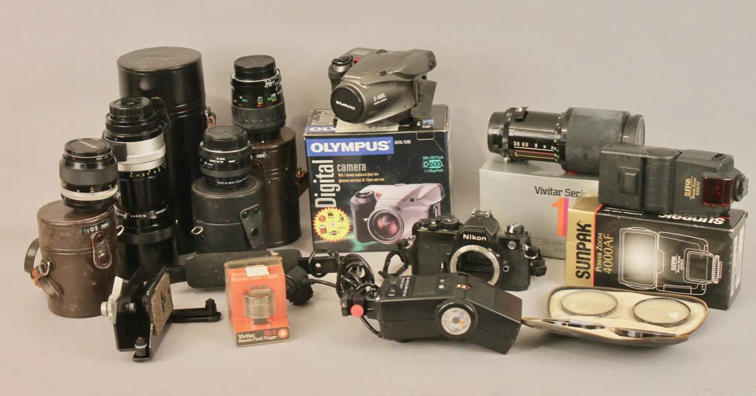 Lot of Cameras, Lenses and Photo Equpiment: Lot of Cameras, Lenses and Photo Equpiment. Nikon camera, Olympus Digital Camera, Nikkor Lenses, Vivitar Lens, Vivitar Flash