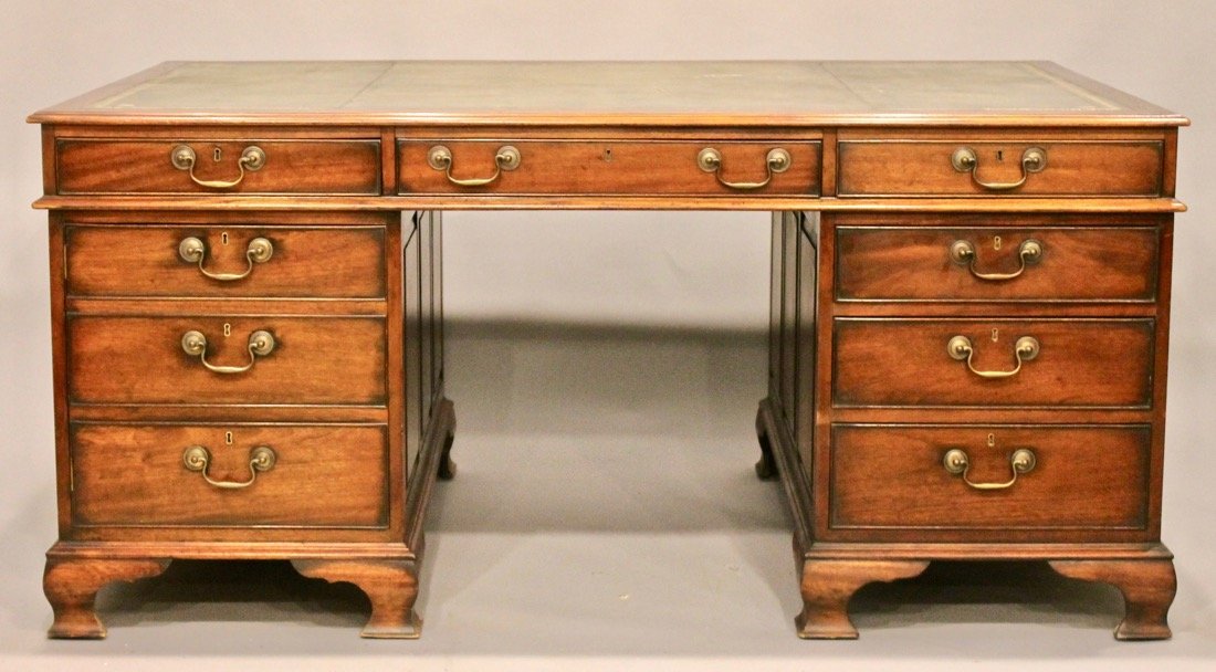 Vintage Mahogany Partners Desk Leather Top: Vintage Mahogany Partners Desk with Tooled Leather Top. All original. Nice patina. 67 1/2" x 43 1/2" x 32"