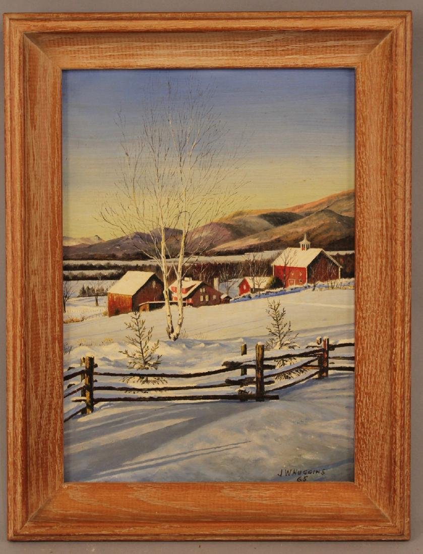JW Huggins 1965 Winter Scene Oil on Board: JW Huggins 1965 Winter Scene Oil on Board. Sight 13 1/4"H x 9 1/4"W Frame 17"H x 13"W