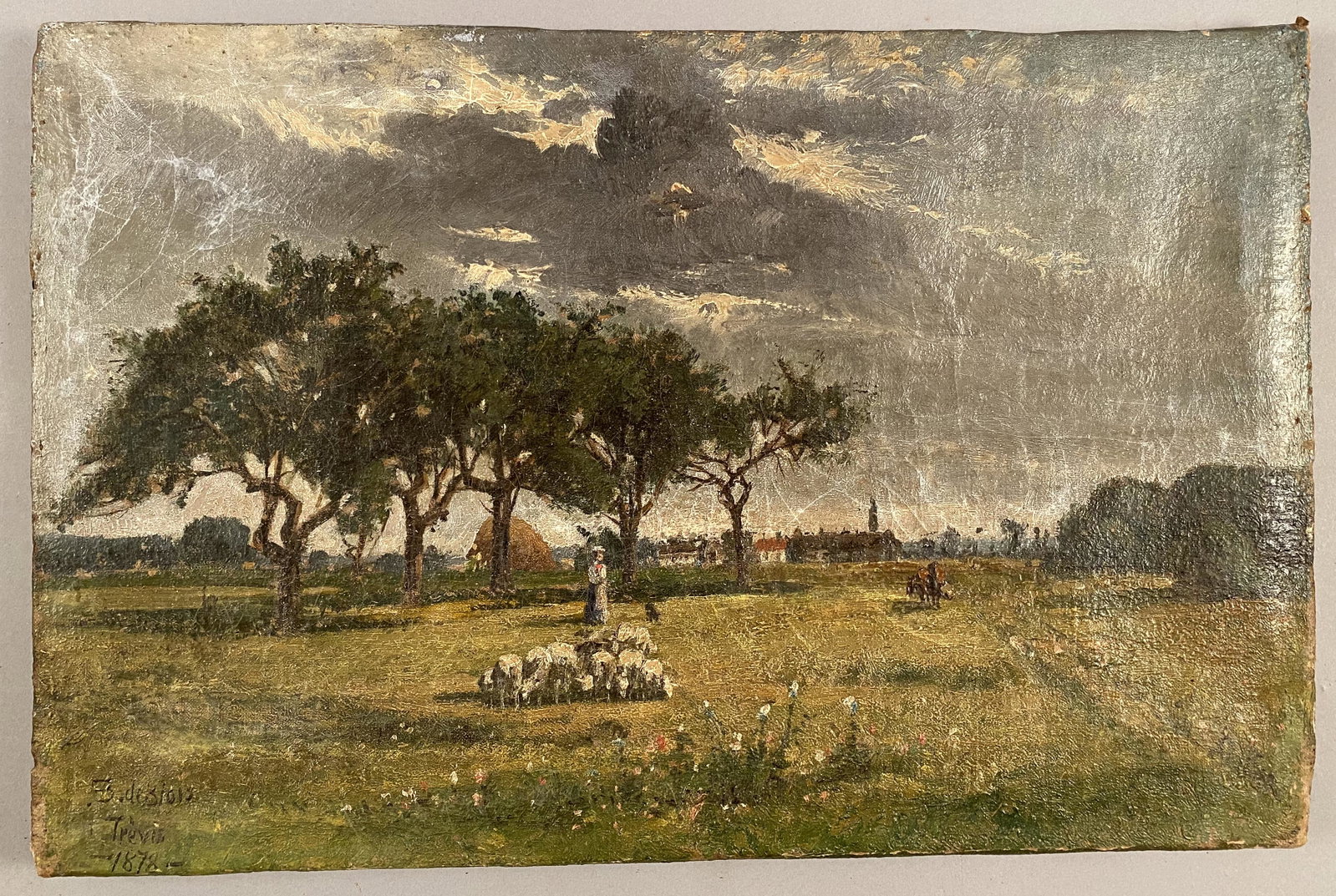 Francois B Deblois O/C with Sheep in Pasture: Oil on Canvas with Sheep Signed B Deblois Trevis 1878. Francis B DeBlois (1829-1913). Provenance Estate of Howard A Legge.