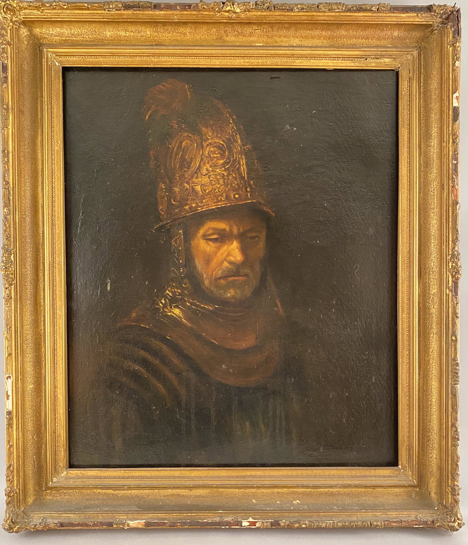 A Man with the Golden Helmet, School of Rembrandt O/C: A Man with the Golden Helmet School of Rembrandt Oil on Canvas. Early rendition. Sight 31" x Sight 26". Provenance Estate of Howard A Legge.