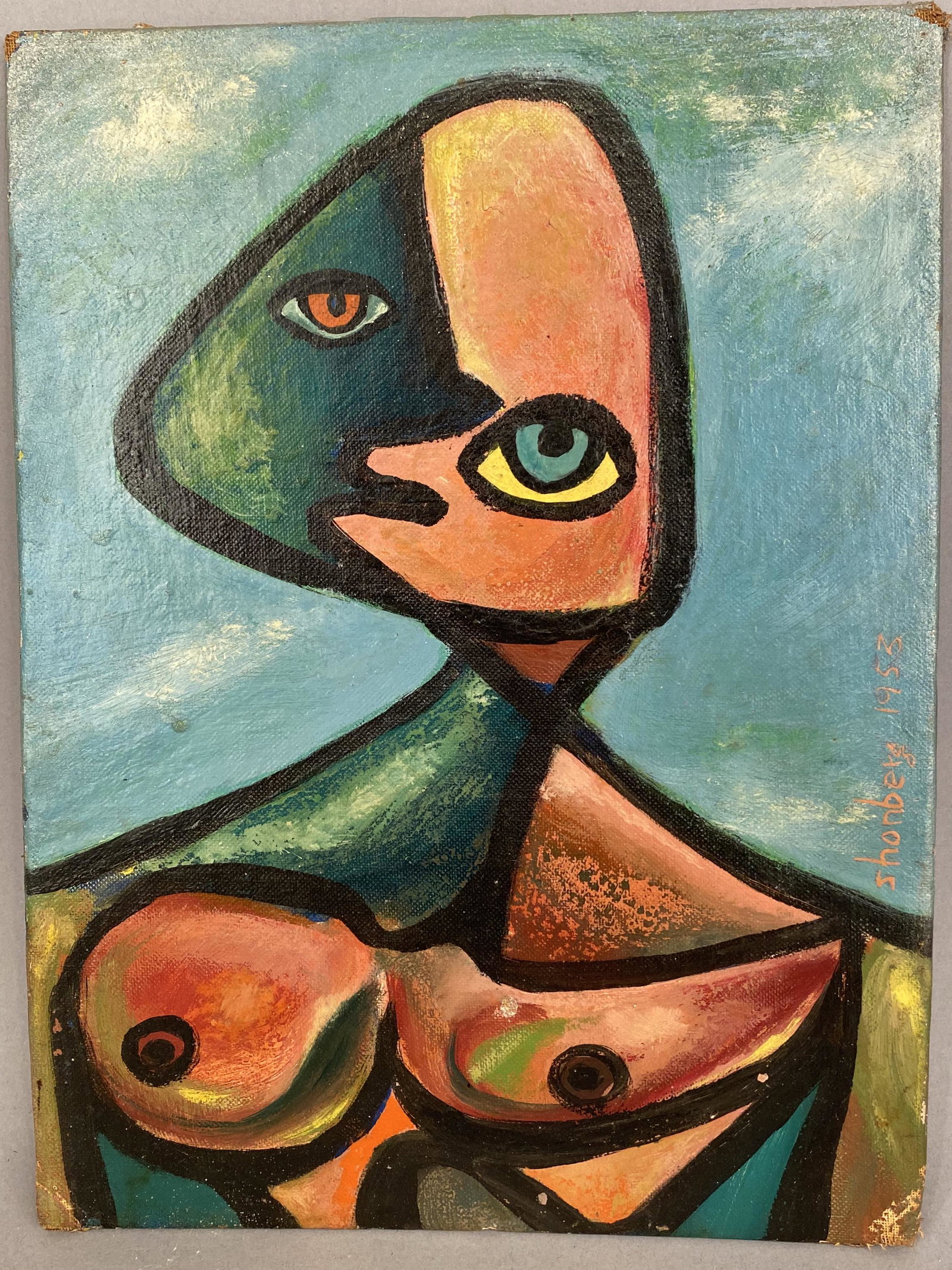 Burt Shonberg Abstract Cubist Portrait on Board Blue: Abstract Cubist portrait likely casein on board signed Shonberg 1953 (Burt Shonberg 1933-1977) blue background. Abstract Cubist portrait likely casein on board signed Shonberg 1953 (Burt Shonberg 1933