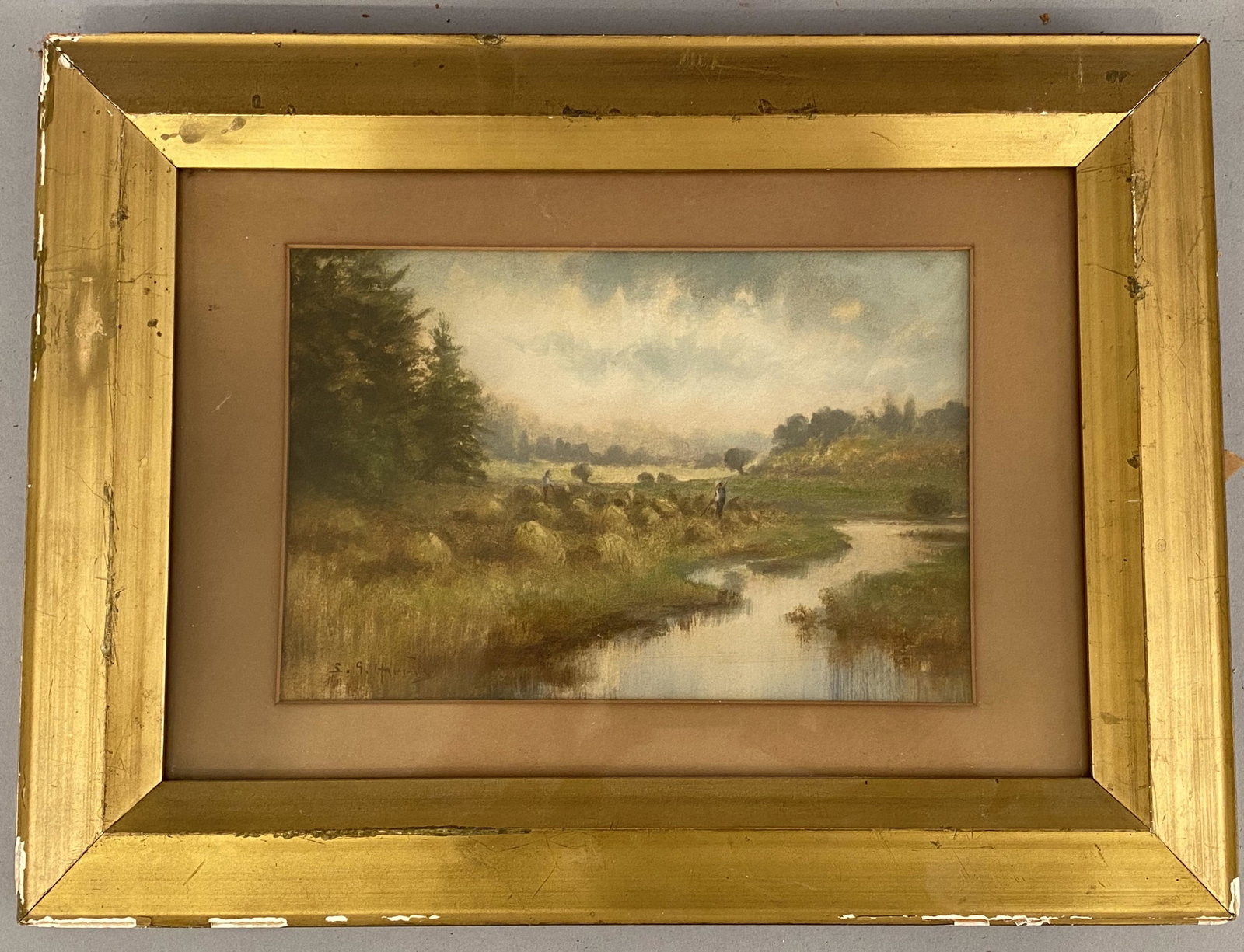 Watercolor of River Signed SG Harris: Watercolor of a river with men haying signed SG Harris (Sadie G Harris). Sight 7" x Sight 10 1/4". Provenance Estate of Howard A Legge.