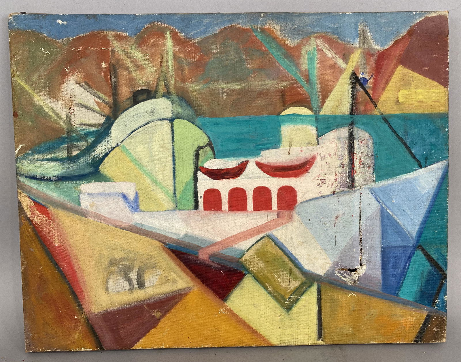 Cubist Oil on Canvas of ship Docking Mexico (1 of 7)