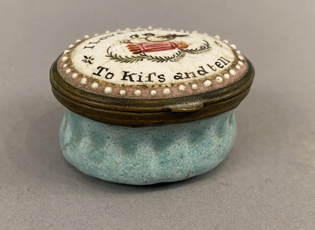 Battersea Enamel Box "I love too well to kiss and tell": Battersea Enamel Box "I love too well to kiss and tell" and image of two birds on lid.
