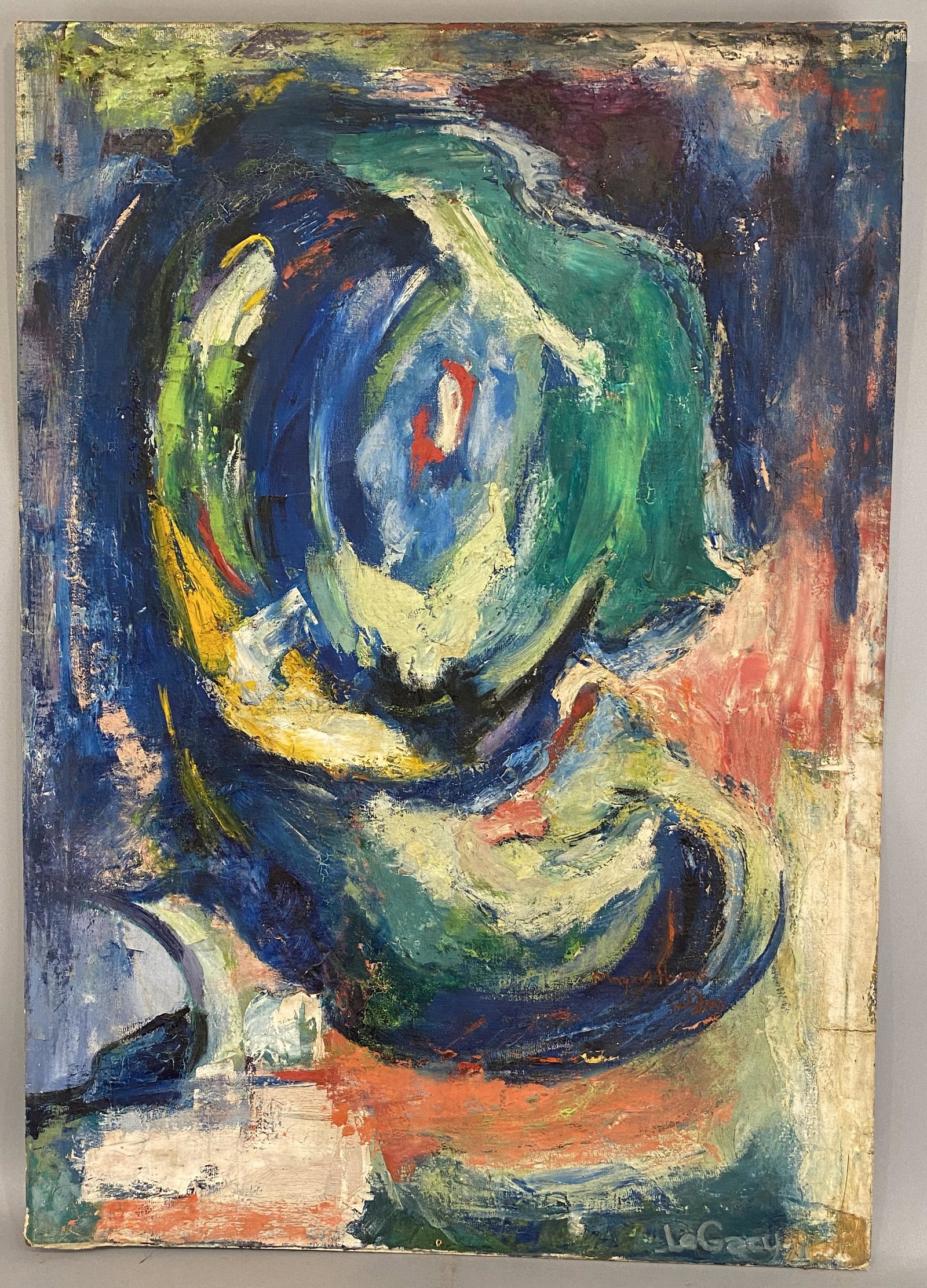 Abstract Oil on Canvas Signed LeGacy: Oil on canvas glued to board signed LeGacy. "to Bruce Brown with all my love LeGacy" painted on back. Provenance Estate of Howard A Legge.