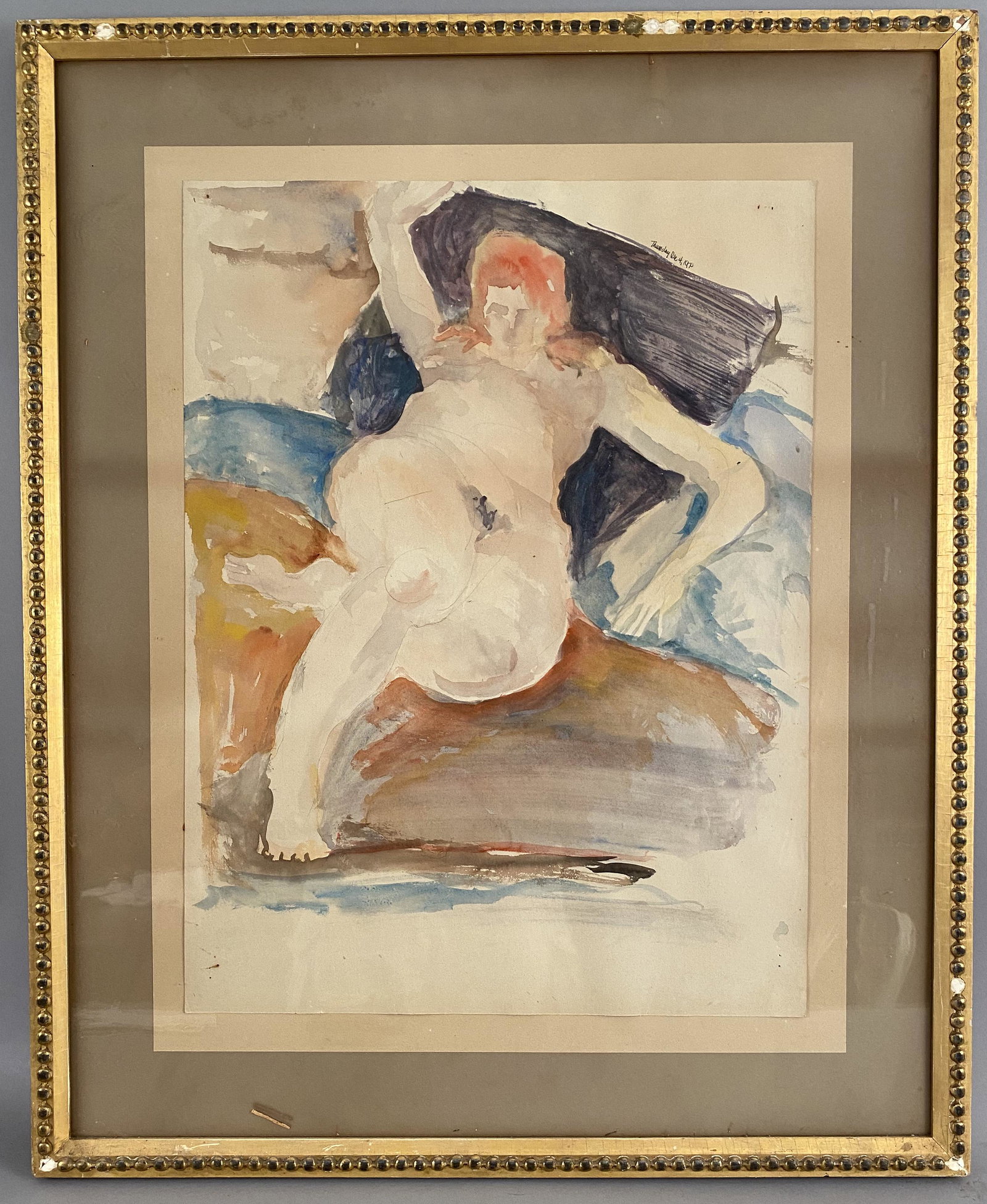 Reclining Female Nude Watercolor on Paper: Reclining Nude Woman Watercolor on Paper. Unsigned, dated Thursday Dec 4, 1970. Sight 26 1/2" x Sight 20". Provenance Estate of Howard A Legge.