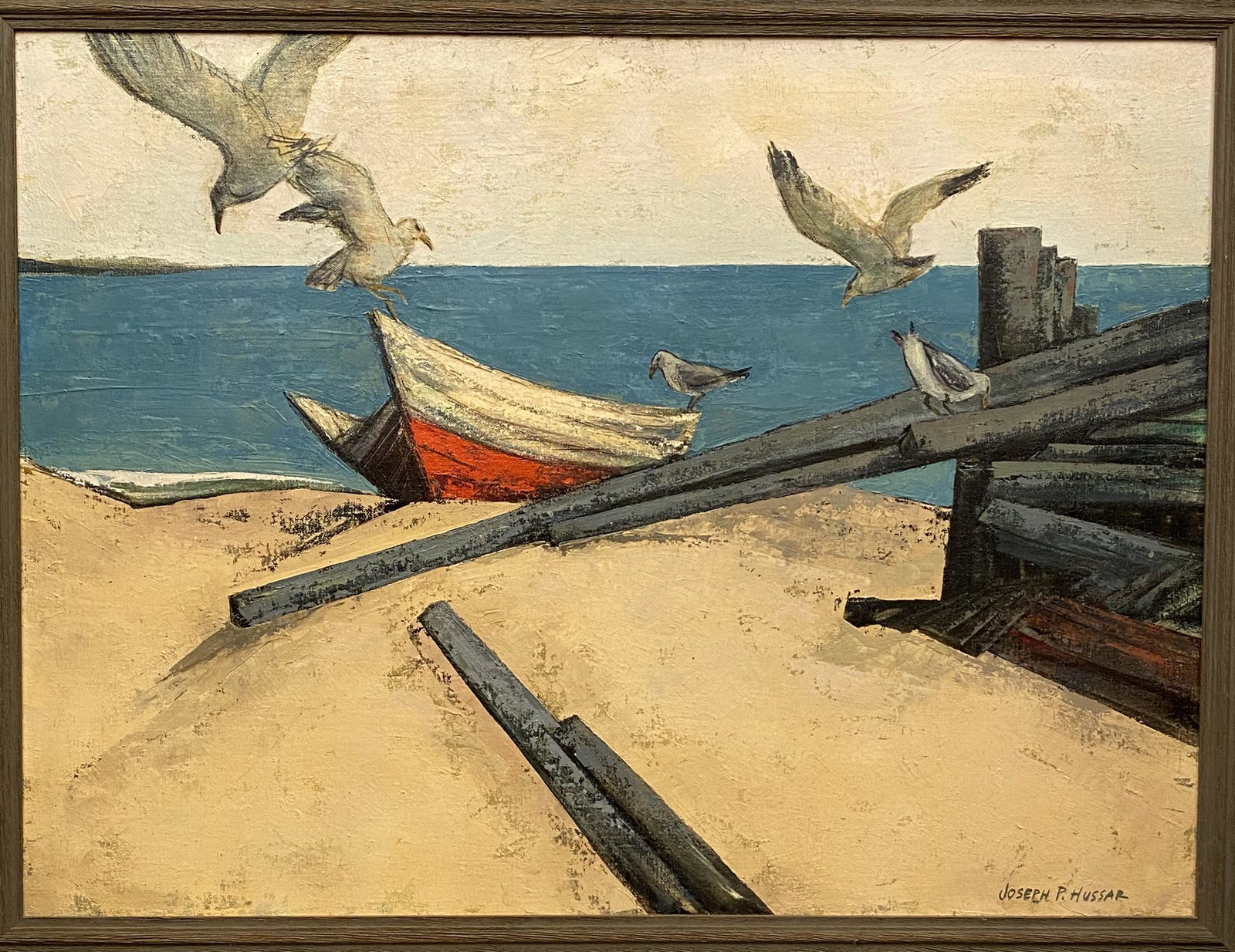 Joseph P Hussar Oceanside Scene: Joseph P Hussar oceanside scene with seagulls and a boat. Sight 23 1/2" x 31 1/2"