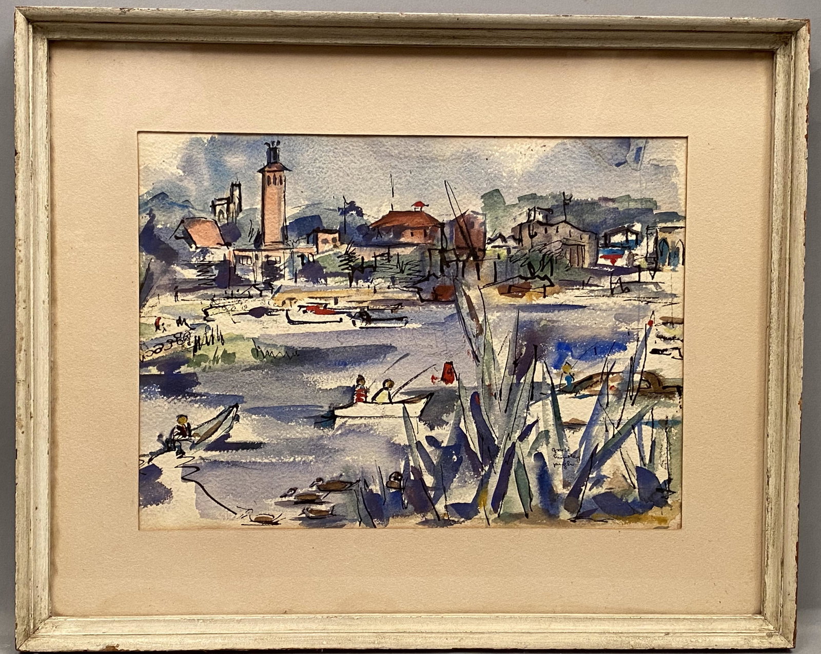 Grace Huntley Pugh Watercolor: Grace Huntley Pugh watercolor water scene with buildings in the background. Sight 10 3/4" x 14 3/4"