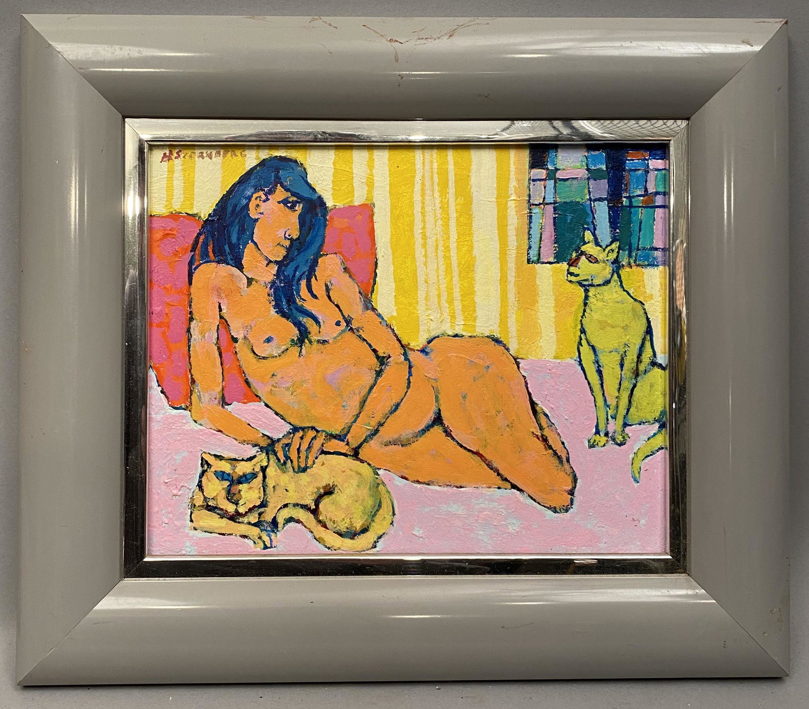 Harry Sternberg Abstract Nude Acrylic: Harry Sternberg abstract acrylic painting of a reclining nude woman with two cats. Sight 7 1/2" x 9 1/2"